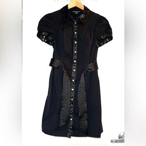 Vintage Y2K GUESS Black Utility Shirt Dress Satin Trim with Gold Buttons, Size M